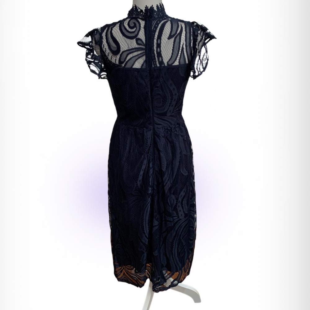 Elegant Navy Lace Midi Dress with High Neck - Picture 3 of 4